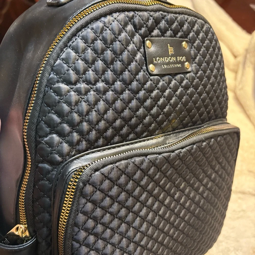 NEW London Fog Backpack Marion Nylon Quilted Black Gold Hardware Classic NWT